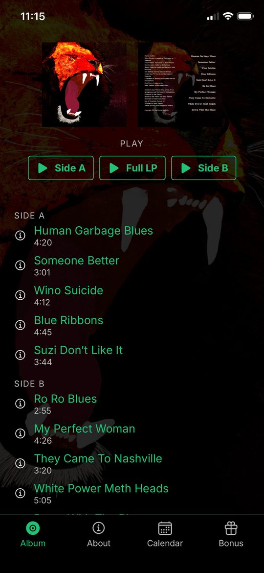 Album screen with Side A, Full LP and Side B buttons and the track list