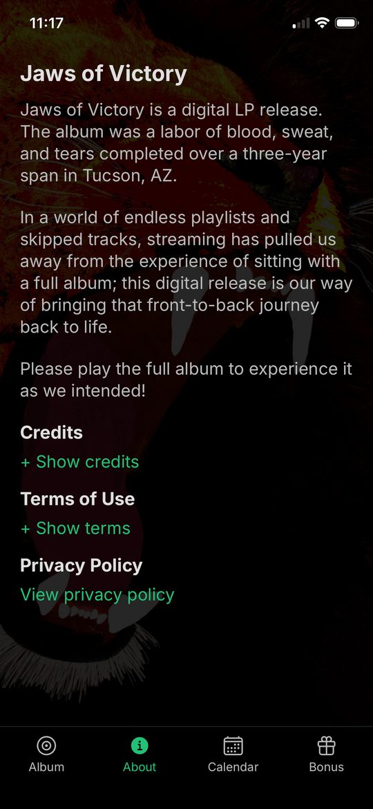 About screen with the album story and credits
