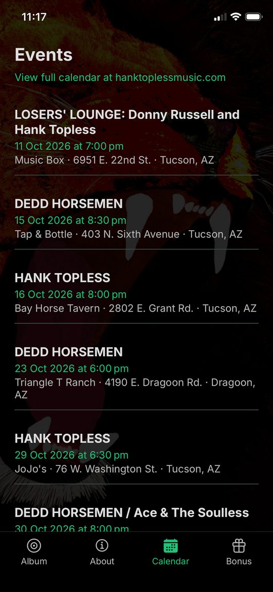 Events screen listing upcoming Tucson shows